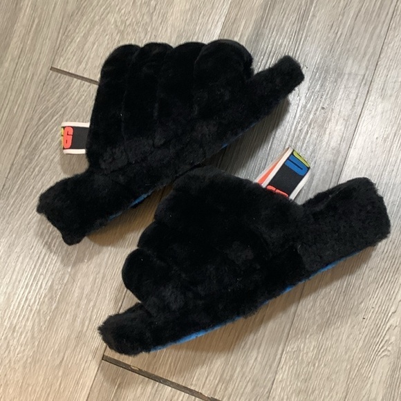 UGG Fluff Yeah Rainbow Strap Black Sling Back Slippers size 7 - Picture 7 of 8